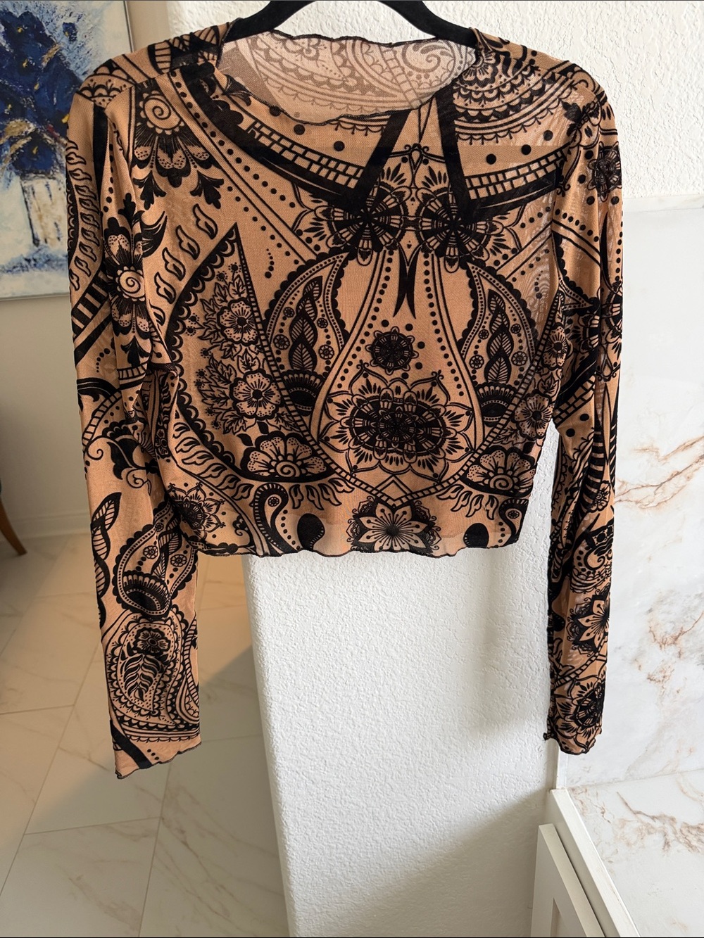 Womens Long-Sleeve Printed Crop Top - Black on Tan XL SHEER